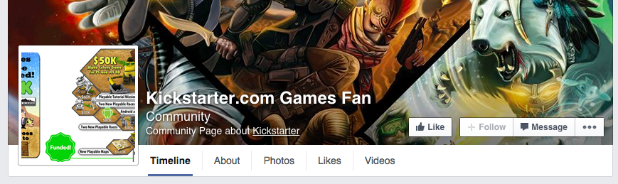 Kickstarter game fans facebook page screenshot